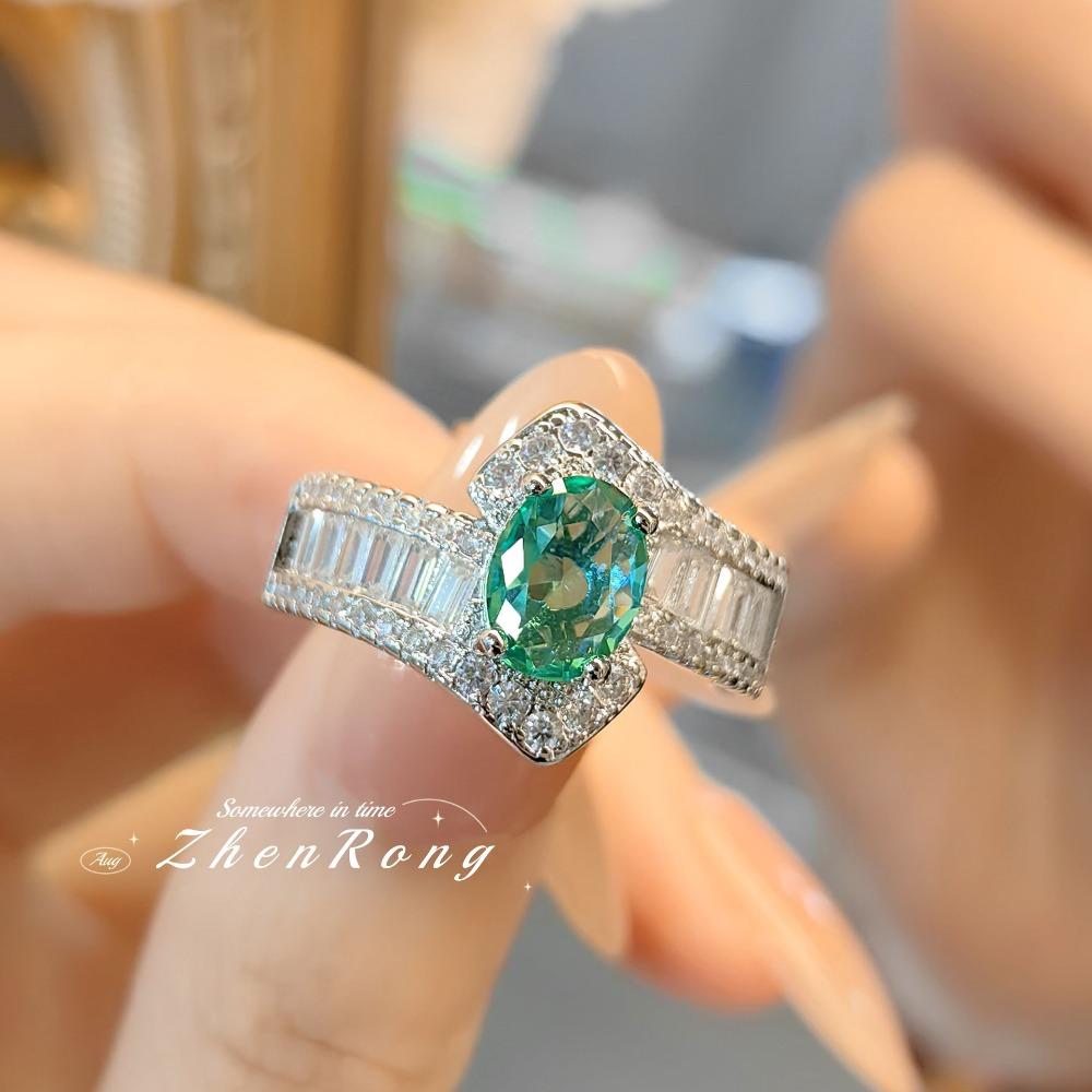 Vintage Elegant Paraiba Ring for Women Luxurious Pigeon Egg Green Gemstone Tourmaline Diamond Ring adjustable