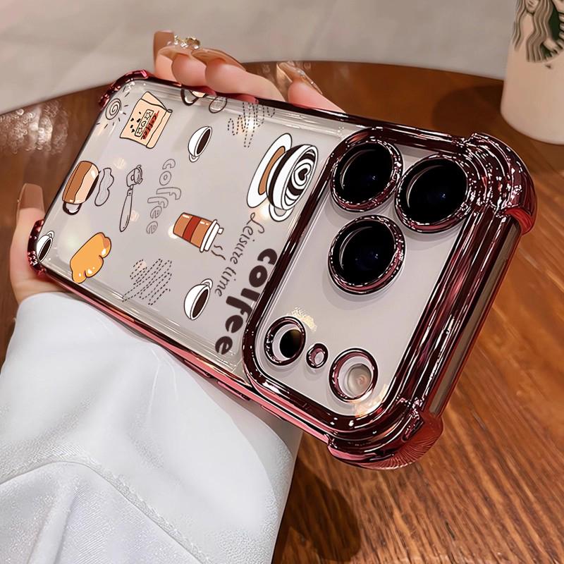 Coffee Afternoon Tea Pattern Phone Case For iPhone 17 Pro Air 16 15 14 13 12 11 Pro Max Plus Shockproof Soft Clear Plating Cover