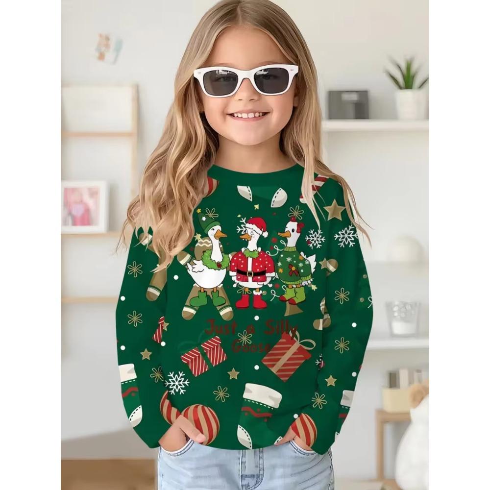 Christmas Santa Claus Print Girl Clothes Autumn Children Top Round Neck Long Sleeve Fashionable Comfortable Breathable Versatile Sports T-shirt