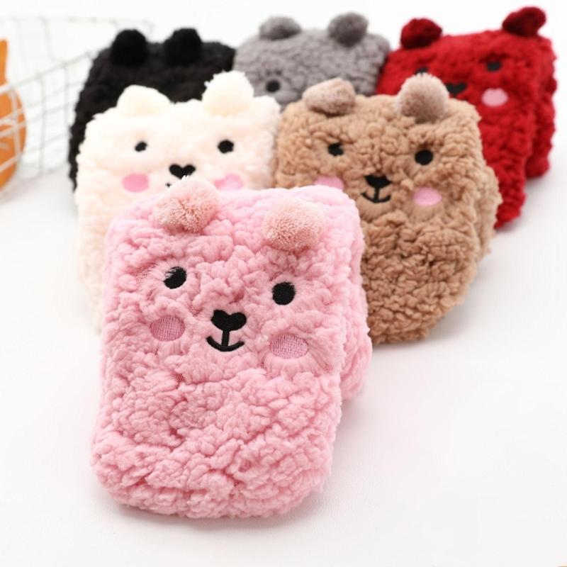 Women Winter Cute Bear Embroidery Fuzzy Slipper Socks Non Slip Warm Socks with Grips Furry Plush Sock for Home Sleeping