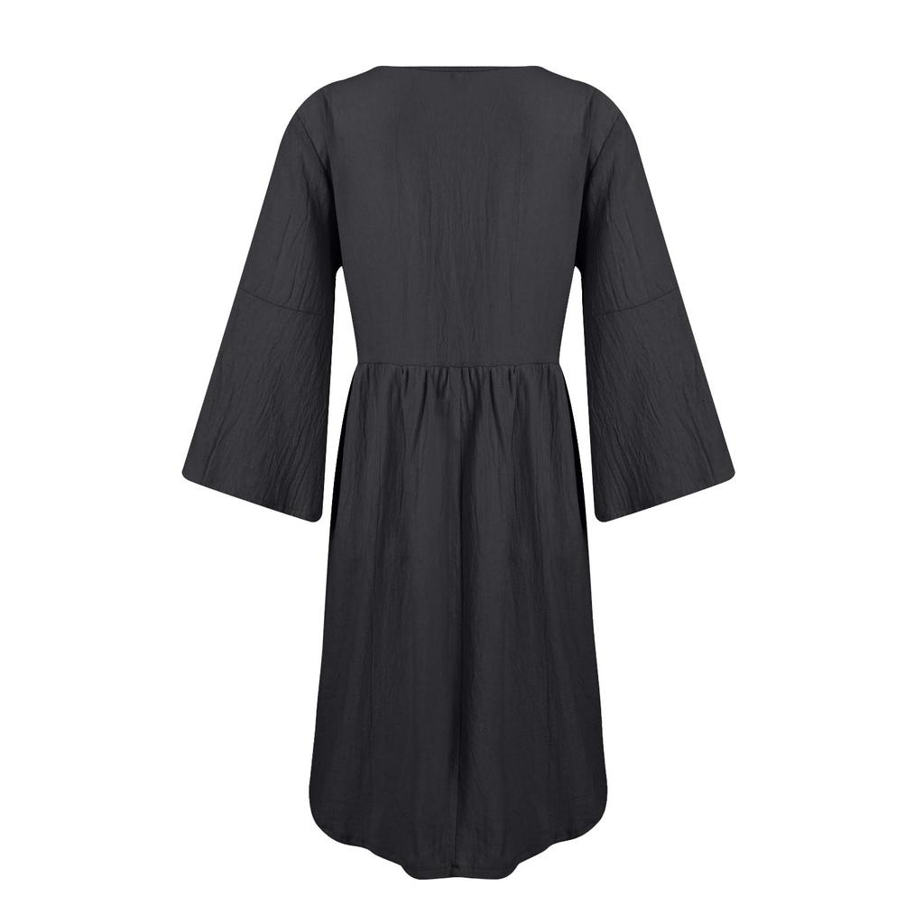 Women's Color Round Neck Seven-Part Sleeve Sub Bohemian Dress