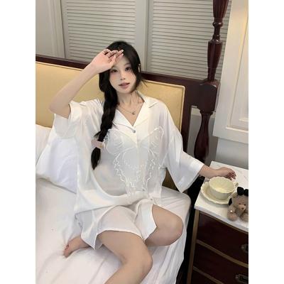 Sexy Pajamas Women's Ice Silk Shirt Skirt Pure Wind Can Be Worn Outside Cardigan Butterfly Silk Real Shot Loungewear