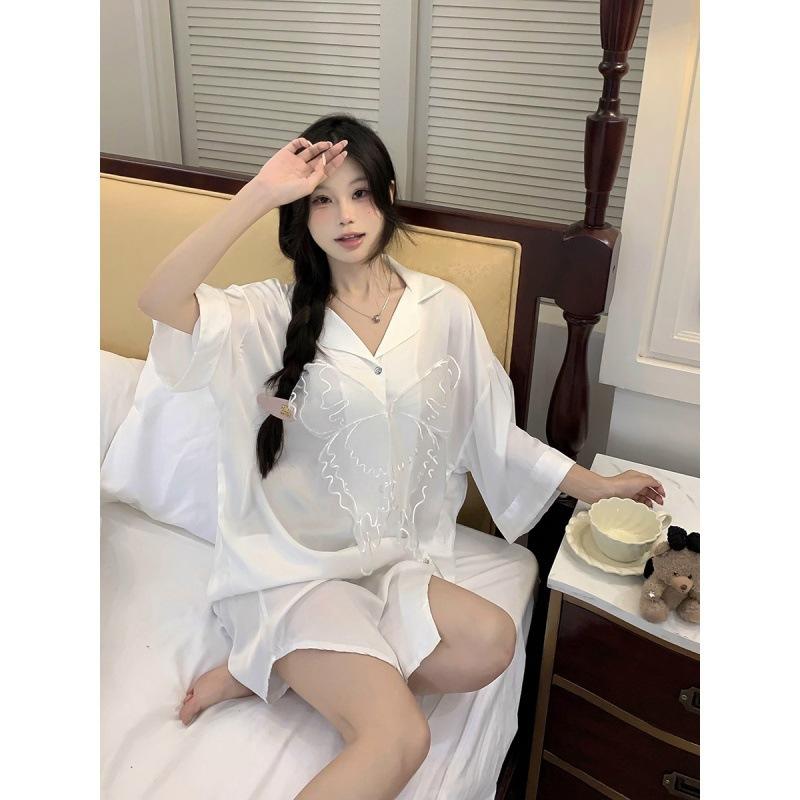 Sexy Pajamas Women's Ice Silk Shirt Skirt Pure Wind Can Be Worn Outside Cardigan Butterfly Silk Real Shot Loungewear
