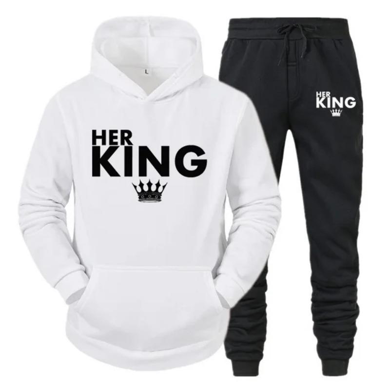 Lover Her QUEEN or His KING Printed Tracksuits Couple Hoodies Outfit Suits Casual Hooded Sweatshirt + Sweatpants Two Piece Set Sport Wear Men’s