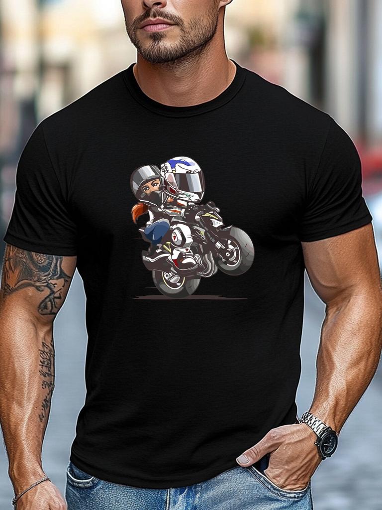 Unisex Royal Blue Crew Neck Tee Cartoon Couple Rider With Full Helmet Sport Motorcycle Graphic Biker Soft Cotton Male Casual Tops