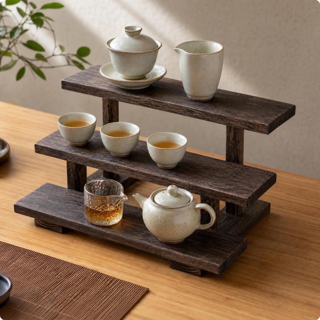 Freestanding Tiered Shelf with Three Shelves Compact for Tea Corner, Entryway