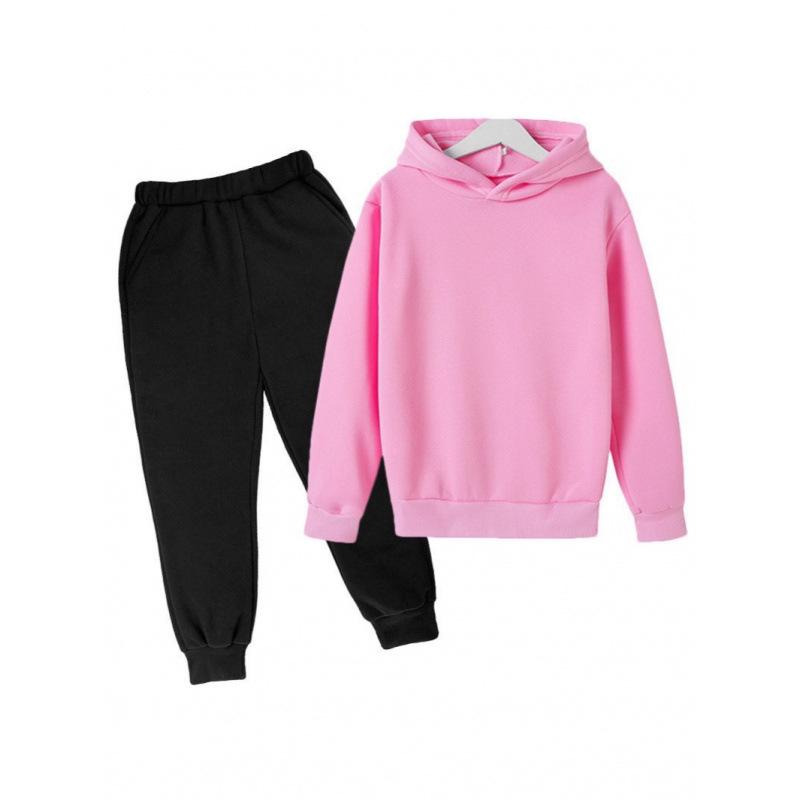 2025 Autumn Fleece-lined Kids' Solid Color Hoodie Set with Logo