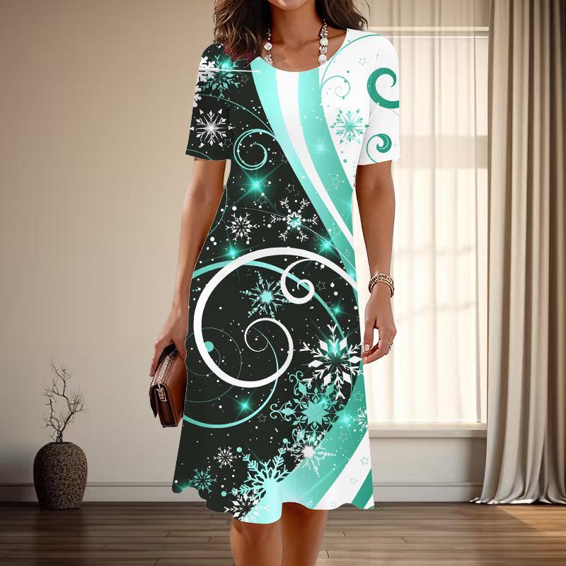 

Женская мода изящный принт снежинки лето весна короткий рукав О-образный вырез повседневные платья 8XL зелёный