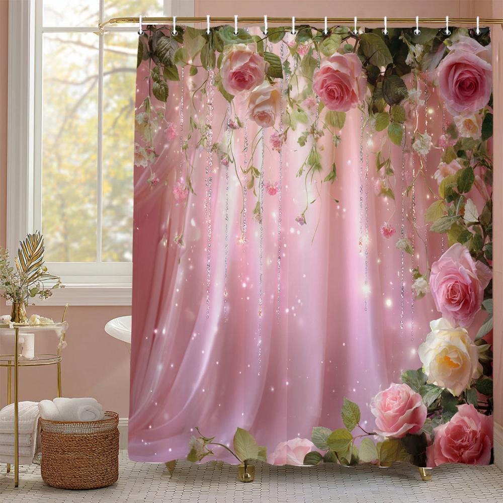 Rose Floral Pink Curtain Shower Curtain,Flowers Bathroom Decorative Shower Curtain, Printed Polyester Curtain with Hooks