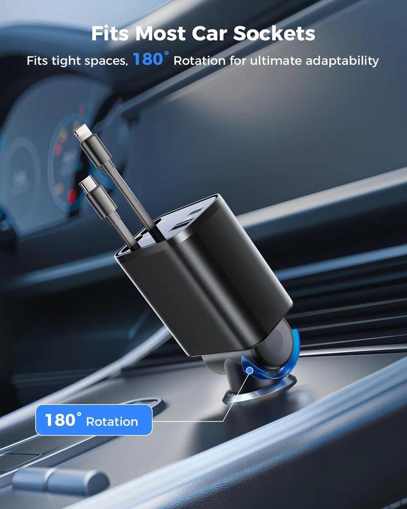 120W Alloy Retractable Car Charger - Four-in-One Super Fast Charging Cable