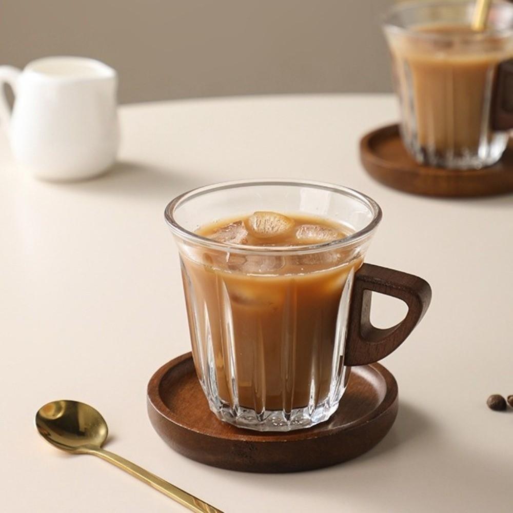 Wooden Plate Espresso Latte Cup Heat-resistant Glass Coffee Cup Creative Coffee Mug  Office