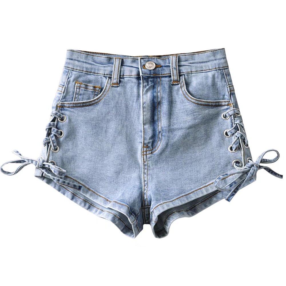 

Trendy Women s European & American Style High Waist Side Tie Denim Shorts M