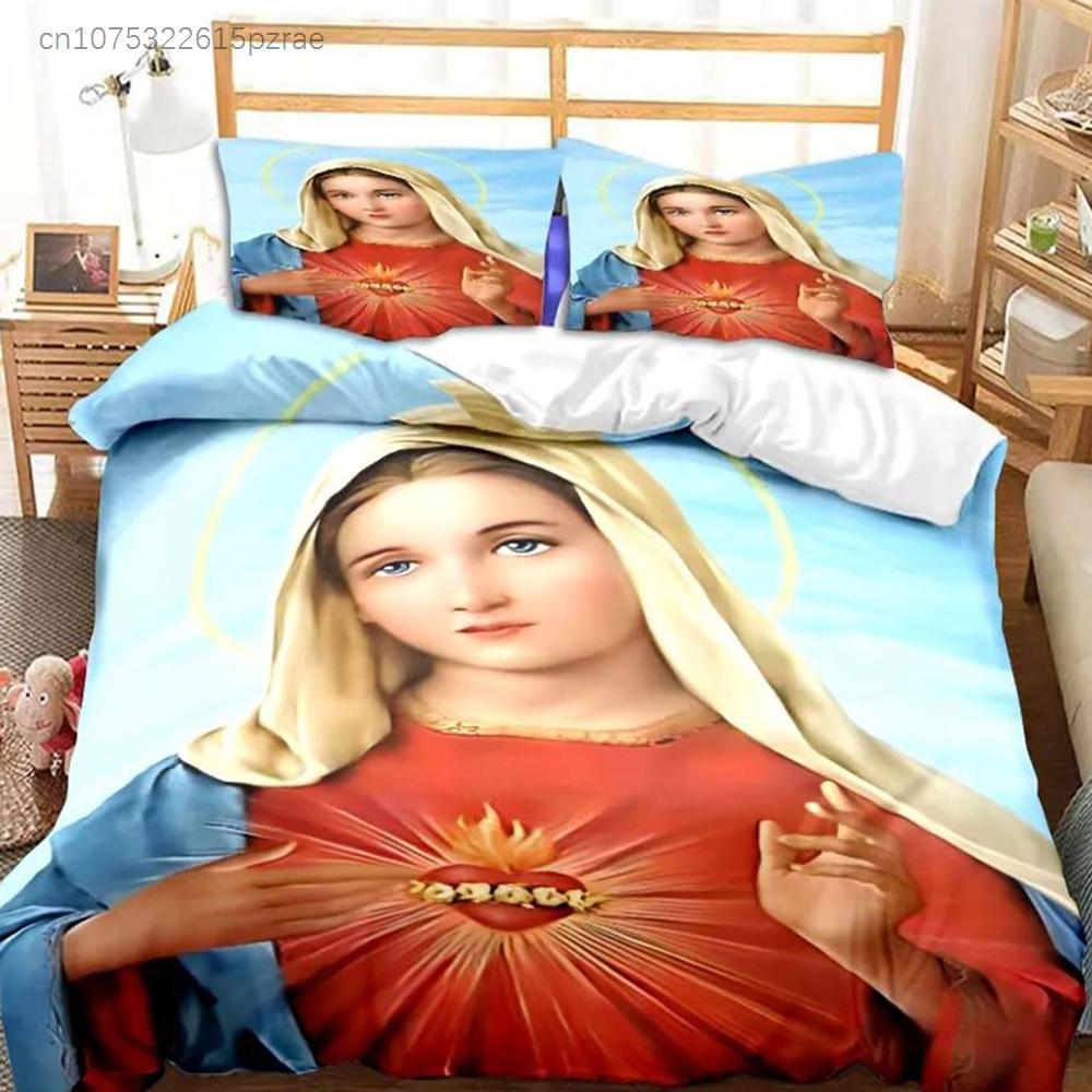 Tema Gesù Vergine Maria Set Biancheria da Letto per Bambini Camera da Letto Copripiumino Set per Letto per Bambini Poliestere Set Copripiumino con Federa