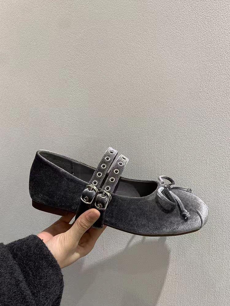 French Soft-soled Velvet Fashion Absolute Child One-word Belt Mary Jane Shoes Women's Early Spring Meeting Fairy Bow Single Shoes