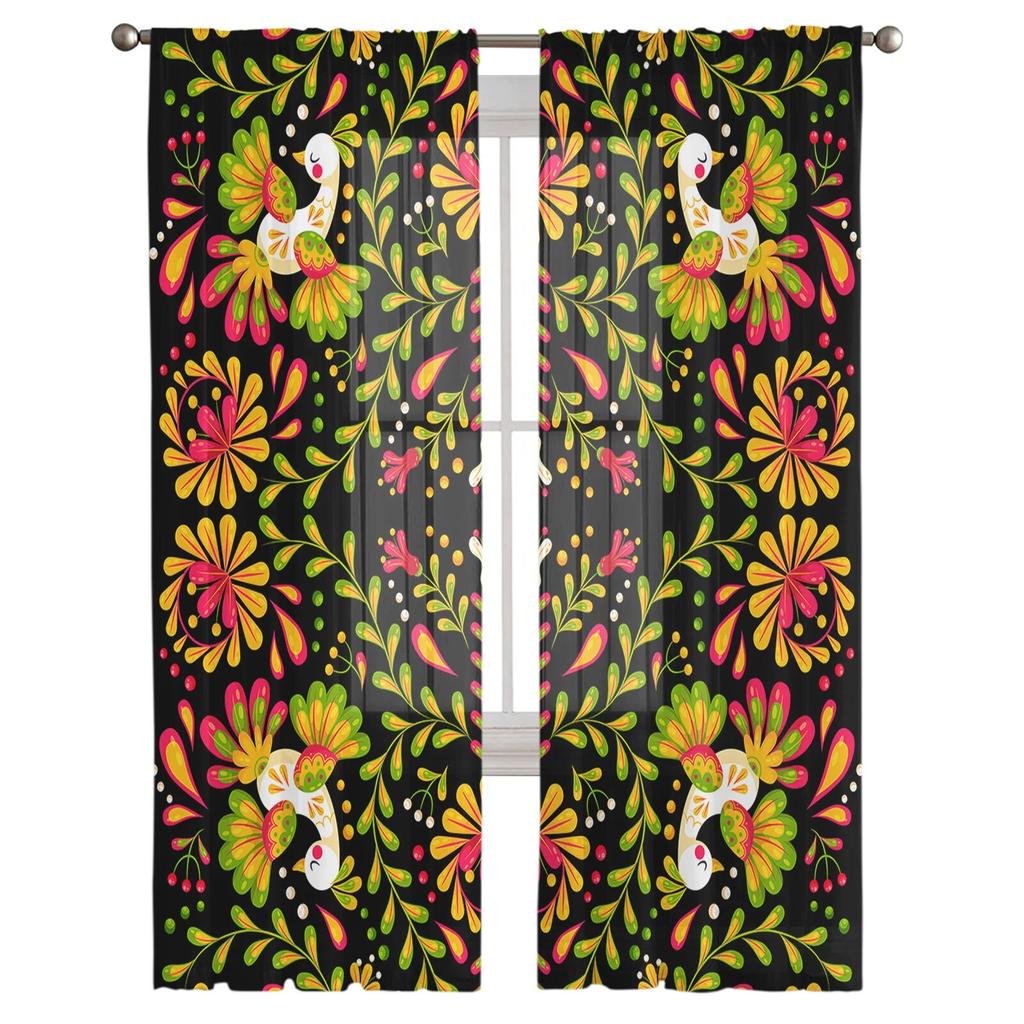 Mexican Geometric Flower Birds Bedroom Transparent Sheer Curtains Holiday Decoration Window Voile Tulle Curtain