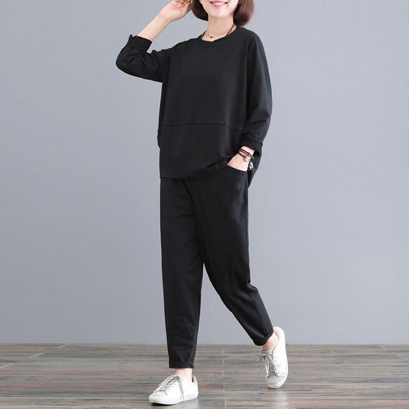 Übergröße Damen Frühling/Herbst Lässiges einfarbiges zweiteiliges Sportbekleidungsset für Mütter mittleren Alters
