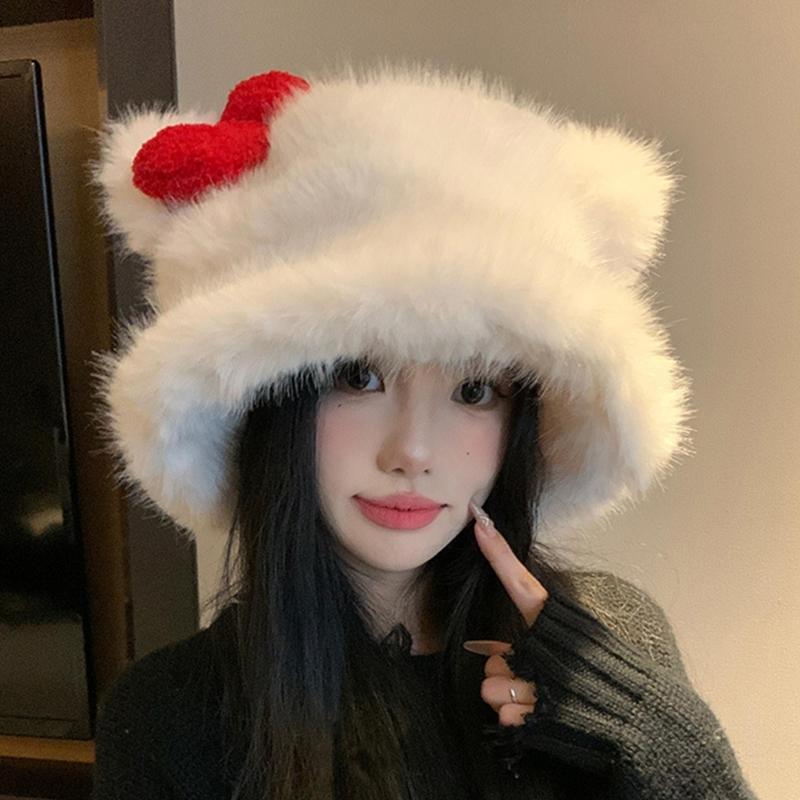 Fashionable Warm Winter Bucket Hat Furry Cats Ear Fisherman Hat For Women Girl Winter Sport Outdoor Activity Travel