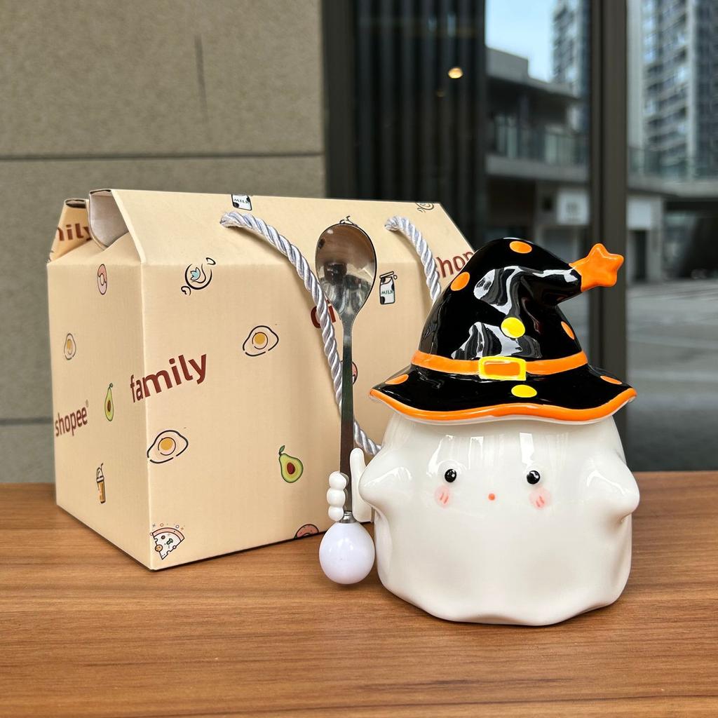 Tag des Lehrers Geschenk Niedlicher Rosa Geist Becher mit Deckel Keramik Wasserbecher Mädchen Geburtstag Praktischer Kreativer Becher