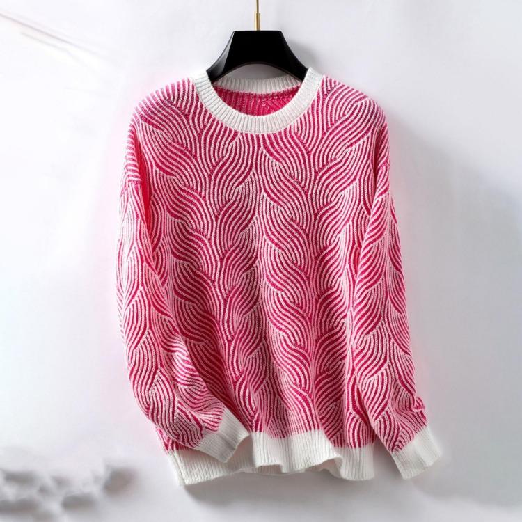 

Vintage Solid Color O Neck Long Sleeve Loose Knitwear Cardigan Sweater Top for Autumn Winter XL рожевий червоний колір