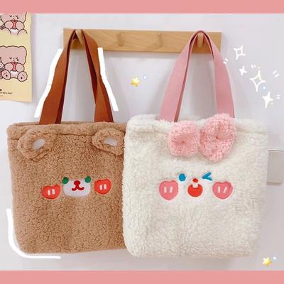 Women Plush Shoulder Bag Cute Bear Handbag Soft Large Capacity Shopping Bags Female Winter Autumn Tote Bags Zipper Clutch Bags