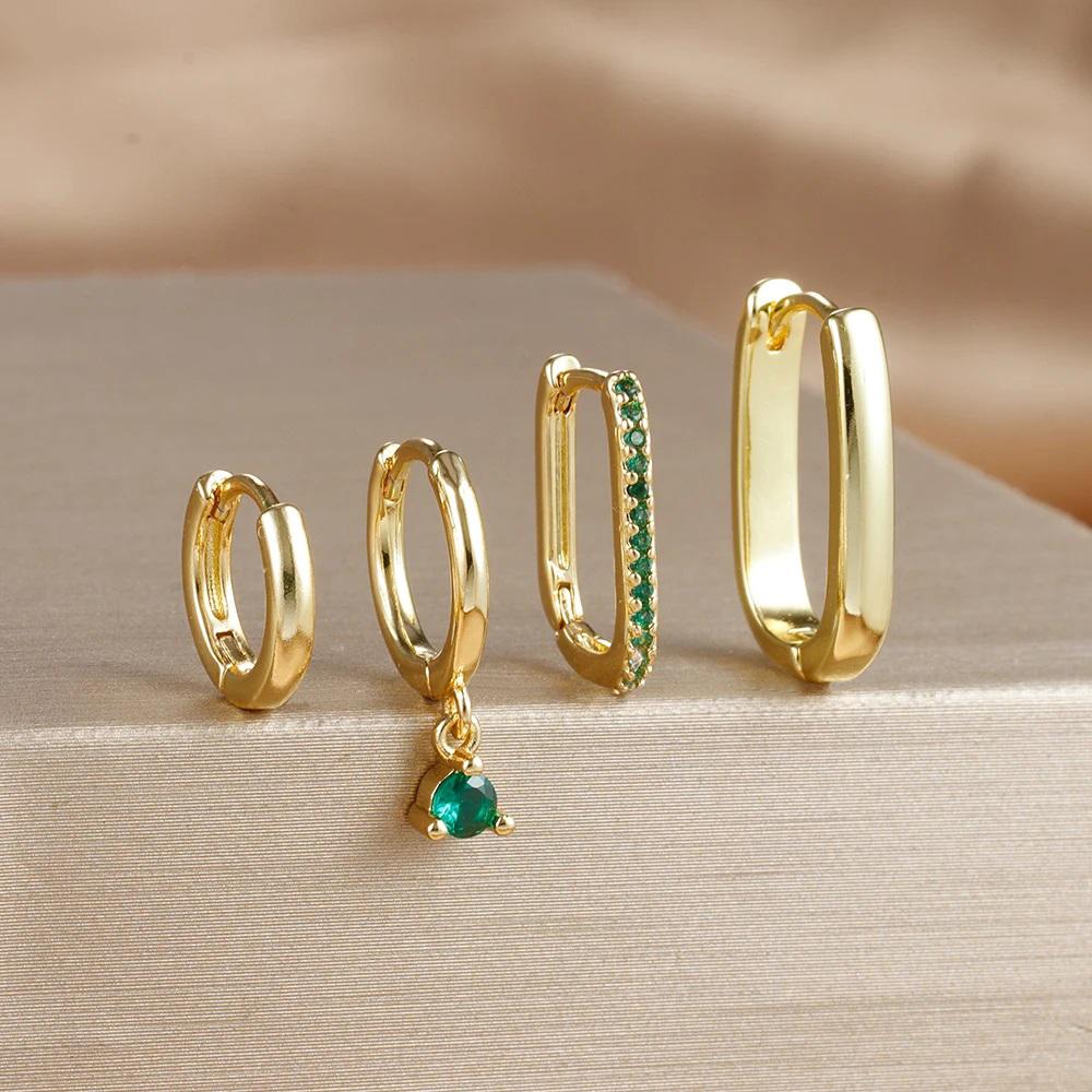 4PCS Luxury Gold Plated U-shape Hoop Earrings Set for Women Geometric Pendant Huggie Punk Unisex Rock Earring Piercing Jewelry