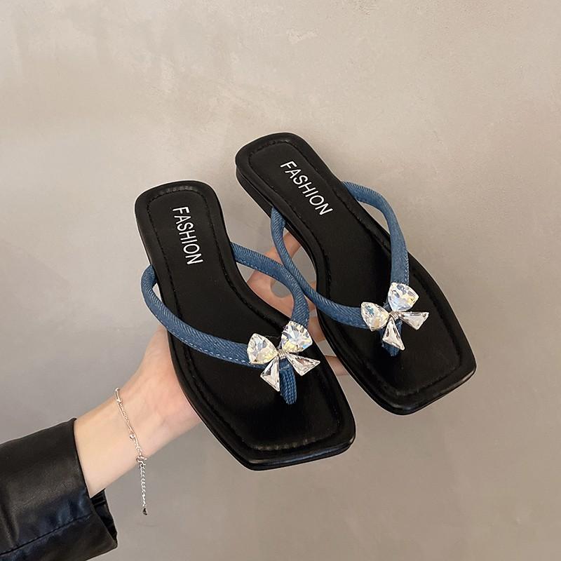 Summer new square head cool slippers fashionable exquisite rhinestone bow flip-flops women's vacation beach pinch slippers