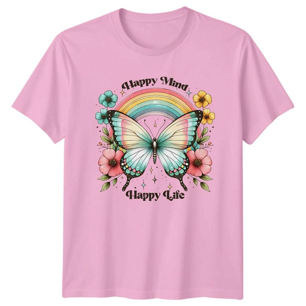 Happy Mind Happy Life Unisexs TShirt Butterfly Floral Nature Wellness