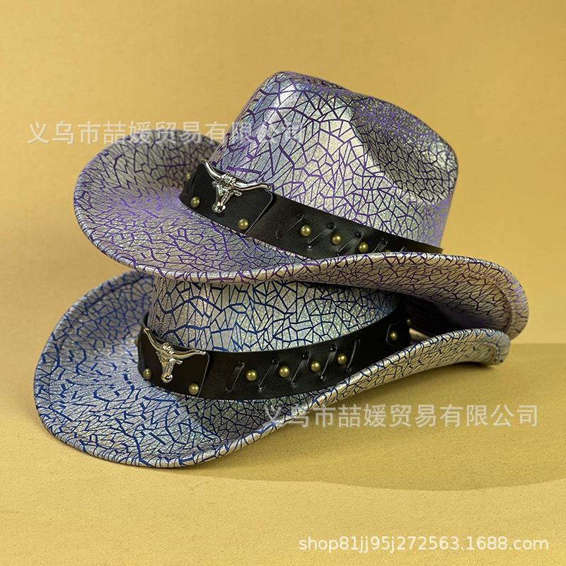 European and American Bull Head Belt Western Cowboy Hat New Breathable Sunshade Sequin Crack Jazz Hat Children