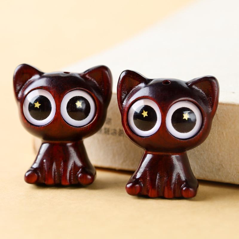 Rosewood Starry-Eyed Cat Keychain Charm - Creative Wood Carving Pendant for Phone and Bag Accessory