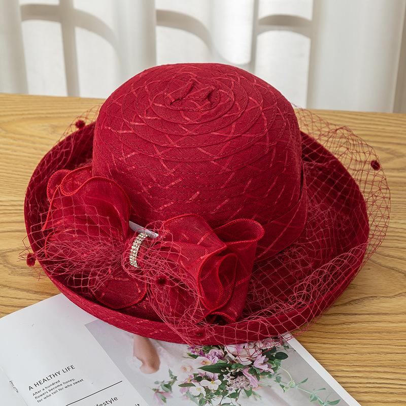 Curled Mesh Top Hat Summer Women's Fashion Hat Flower Veil Shade Basin Hat Sunscreen Sun Hat Large Brim