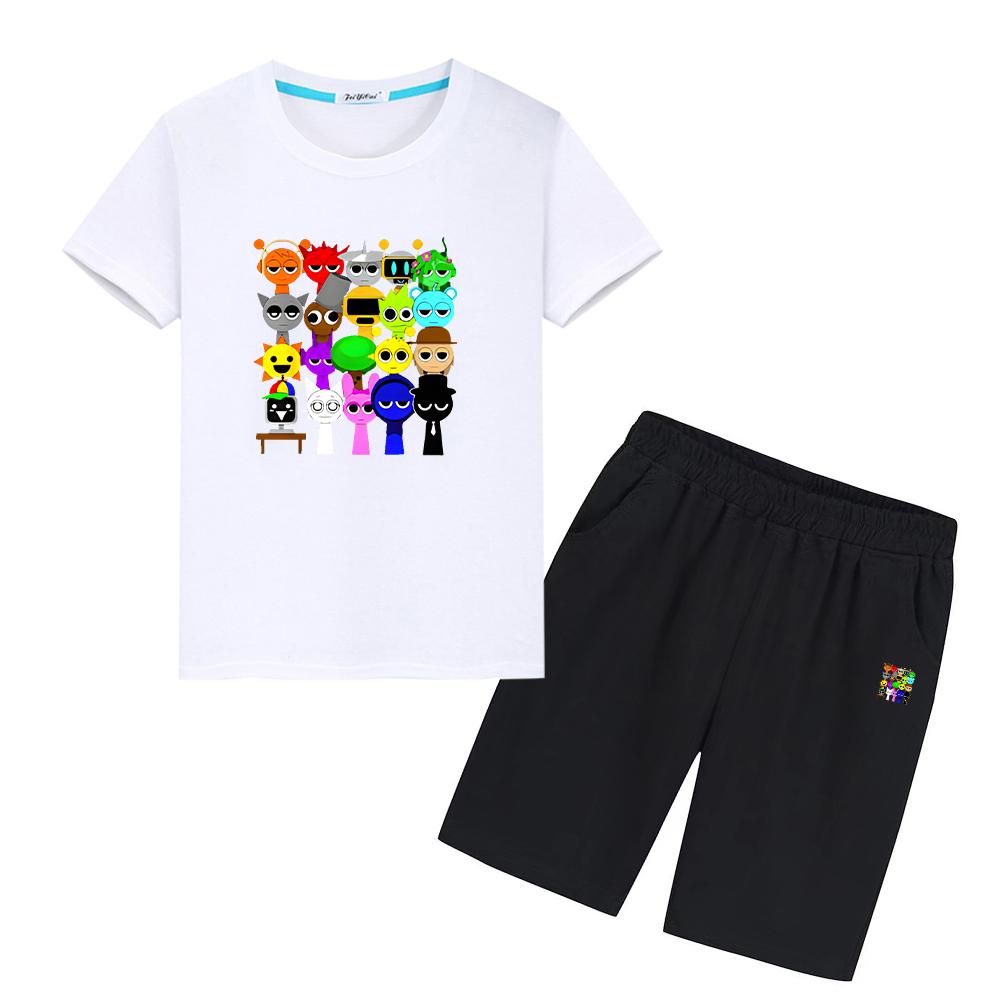 

Sprunki Print 100% хлопок аниме футболка 2 шт. шорты+брюки детская одежда для девочек и мальчиков лето спортивные костюмы детский костюм детский праздничный подарок 100 белый