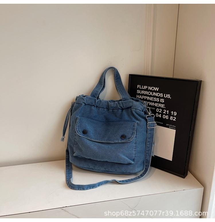 2025 New Pleated Drawstring Large Capacity Simple Commuter Bag Fashion Crossbody Bag Vintage Denim Shoulder Bag