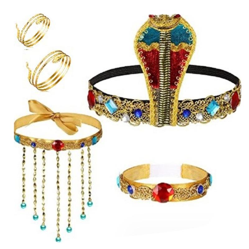 Egyptian Costume Accessories Set Egyptian Headpiece Tassels Beaded Necklace Bracelet Arm Cuffs for Halloween Party Decor