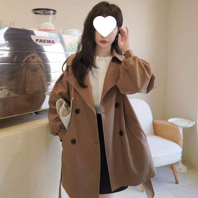 Khakifarbener Damen-Trenchcoat in lockerer Passform, Neuer koreanischer Stil für Frühling & Herbst 2025, Kleine Größe mit Puffärmeln