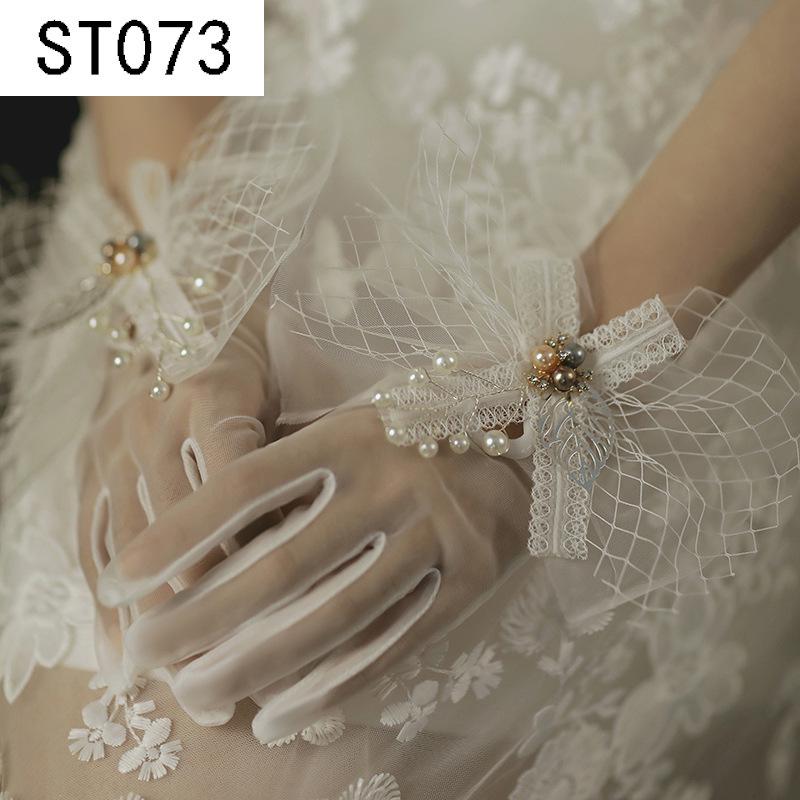 Lace Pearl Satin Bridal Gloves - Short Wedding Photo Accessory