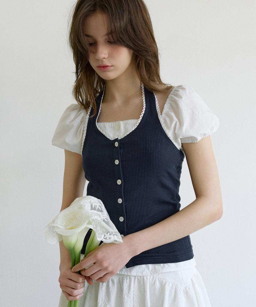 LETTER FROM MOON Lace Button Halterneck Top (Navy)
