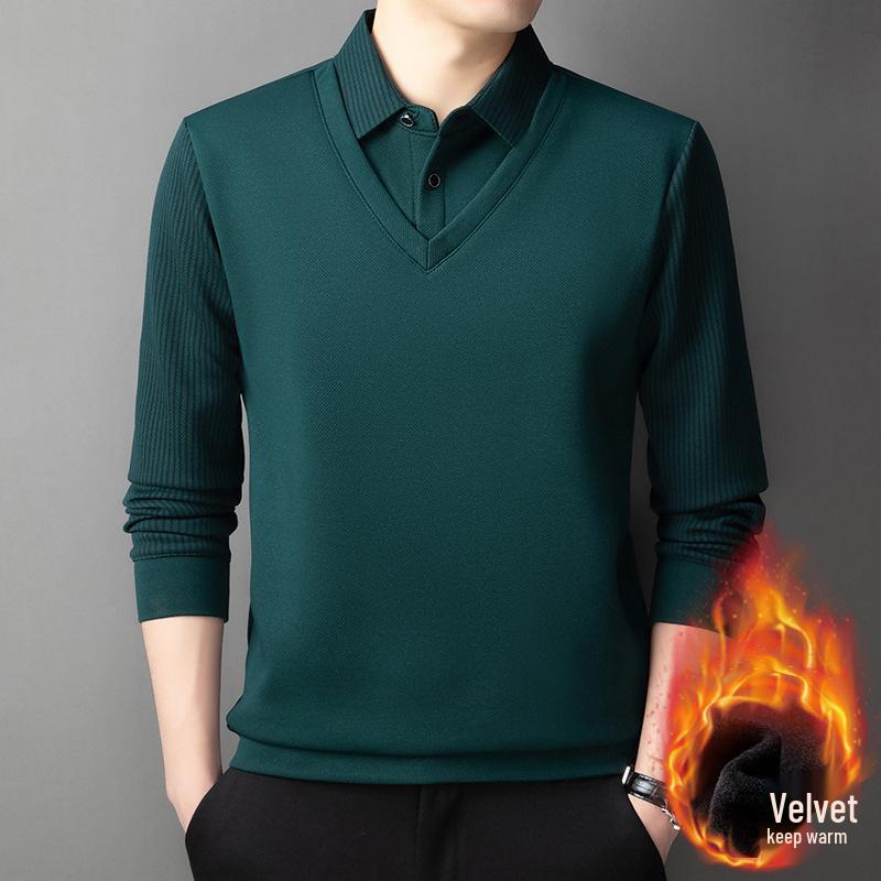 Men s Plush Lined Lapel Striped T-shirt: Warm Autumn/Winter Casual Top for Middle-Aged XXL
