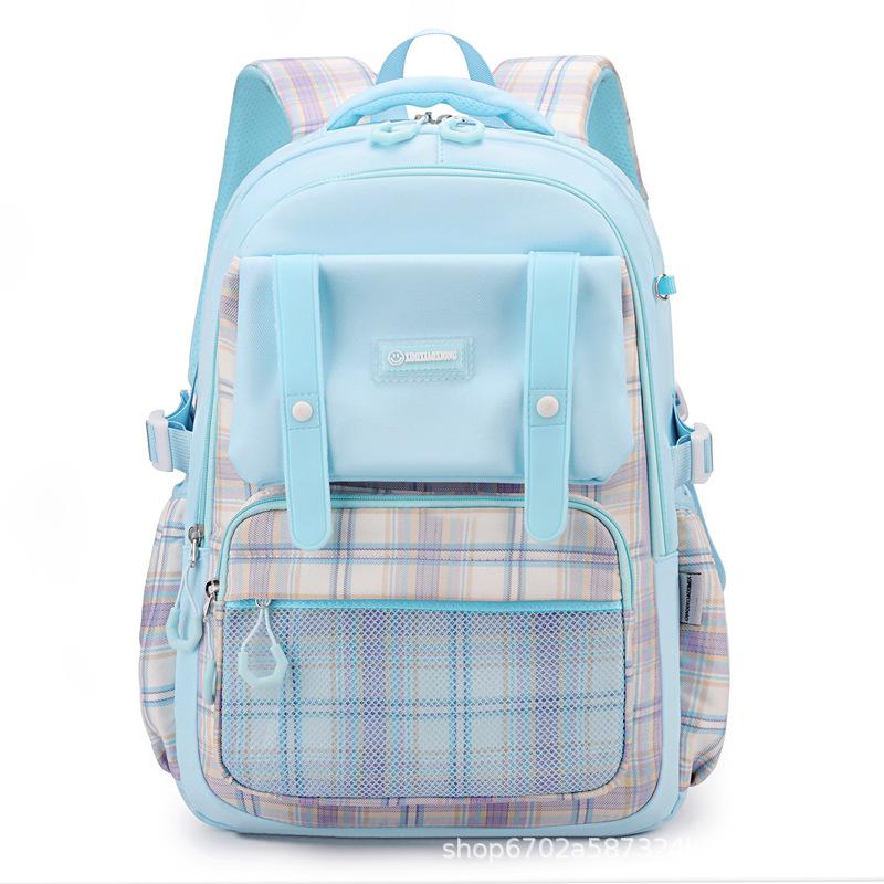 New schoolbag for primary school students, plaid load-reducing ridge backpack, anti-splashing water and wear-resistant canvas backpack, fashionable.