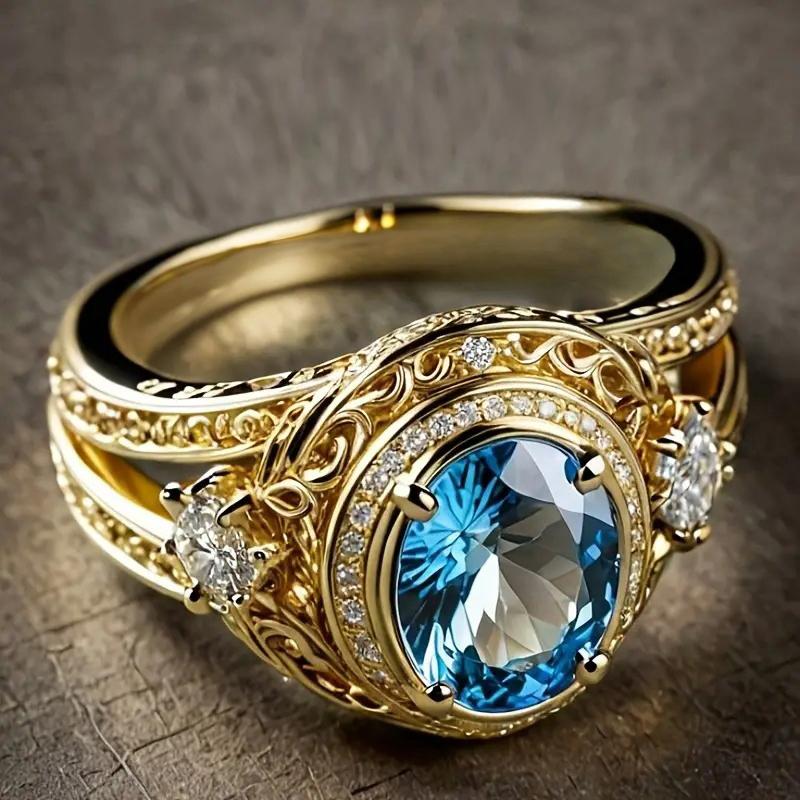 

Huitan Gorgeous Women Rings with Oval Blue Cubic Zirconia Hollow Out Gold Color Wedding Band Accessories Lady Zircon for Party 10