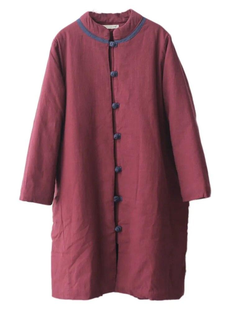Johnature Women Vintage Ramie Parkas Stand Long Sleeve Button Chinese Style Winter Coats Loose Women Warm Parkas