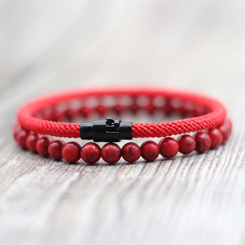 New 2Pcs Men Bracelet Set Lucky Red Thread Braslet 6mm Natural Onyx Tiger Eyes Stone Strand Braclet Pulseria Homme Beach Jewelry