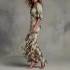 Women's Sexy Deep V Neck Ruffles Maxi Dress Spring Elegant Floral Print Mermaid Party Dress Summer Flare Sleeve Satin Long Dress