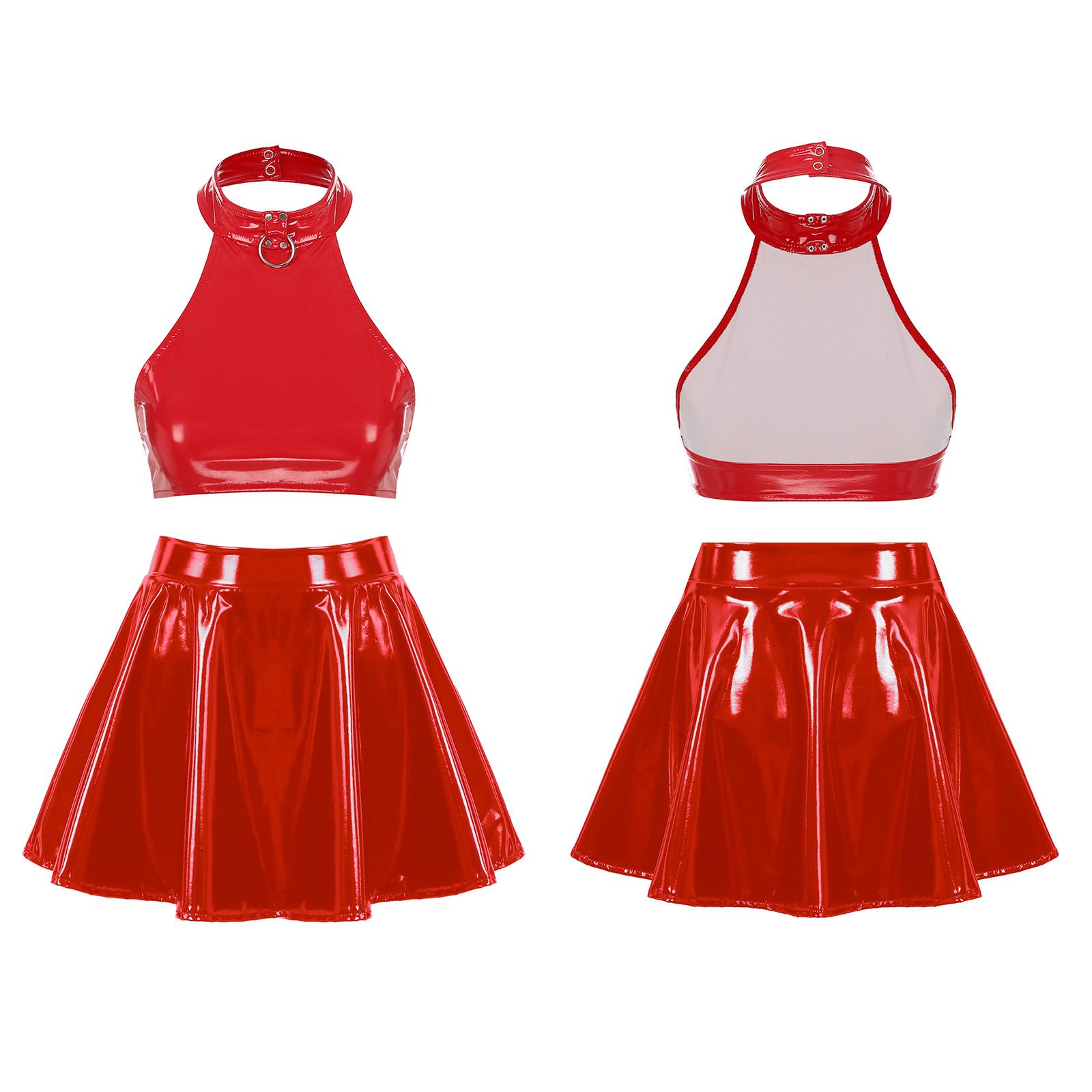 

Жіноча блискуча лакована шкіряна коротка жилетка з міні-спідницею в складку Танцювальний набір для черлідінгу XL червоний