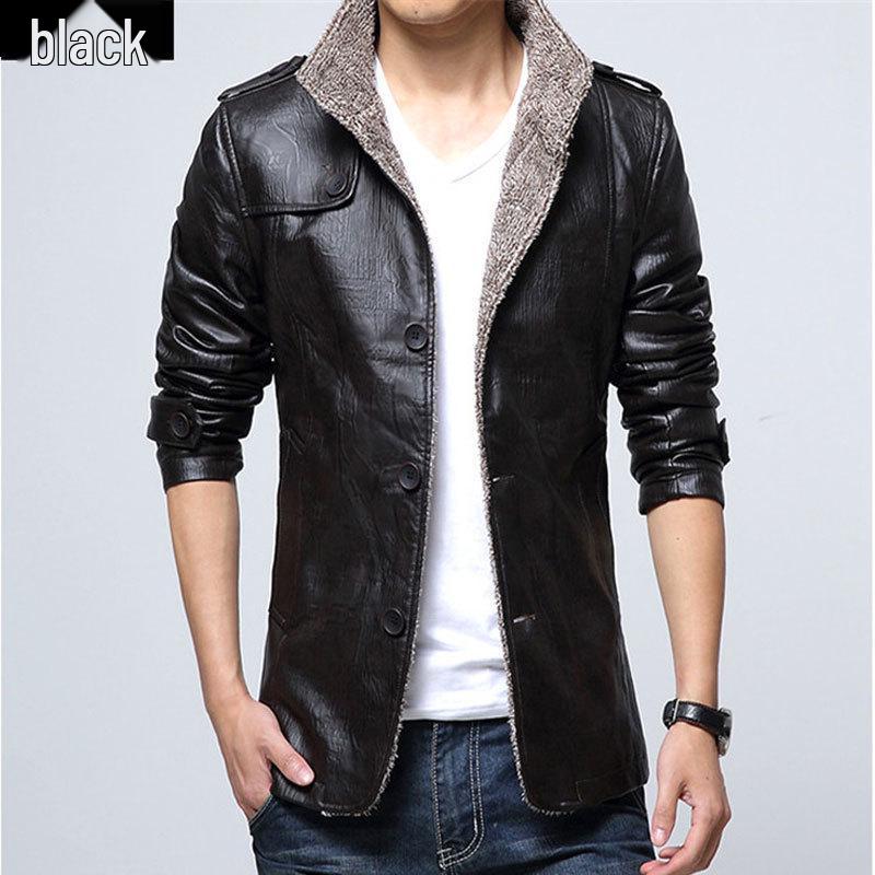 Men's Plus Size Motorcycle Style Leather Jacket with Fleece and Fur Integration