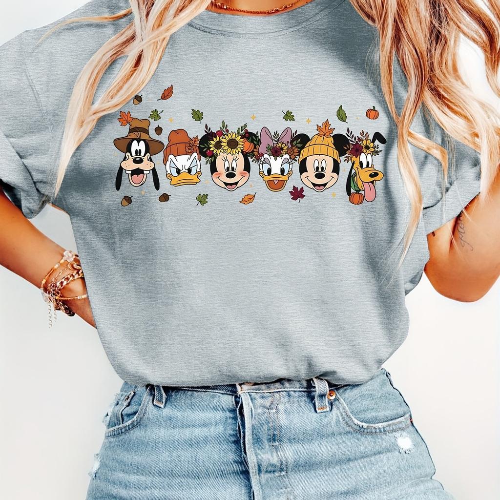 Disney Ladies High Flying Donald Duck Minnie Daisy Pluto Wreath Leaves Pumpkin Soft Round Neck 100% Pure Cotton Printed T-shirt