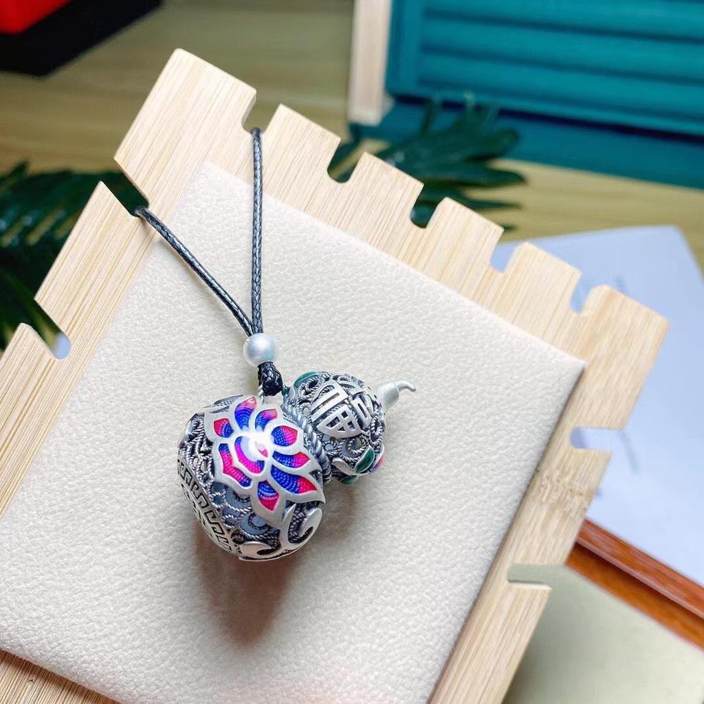 Ethnic Blue Enamel Gourd Pendant, 925 Sterling Silver Sweater Chain for Girls