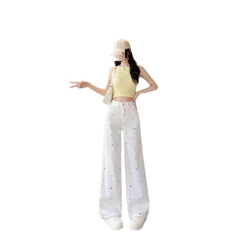 Autumn/Winter High Waist White Polka Dot Wide-Leg Jeans for Women, Slimming and Floor-Length.