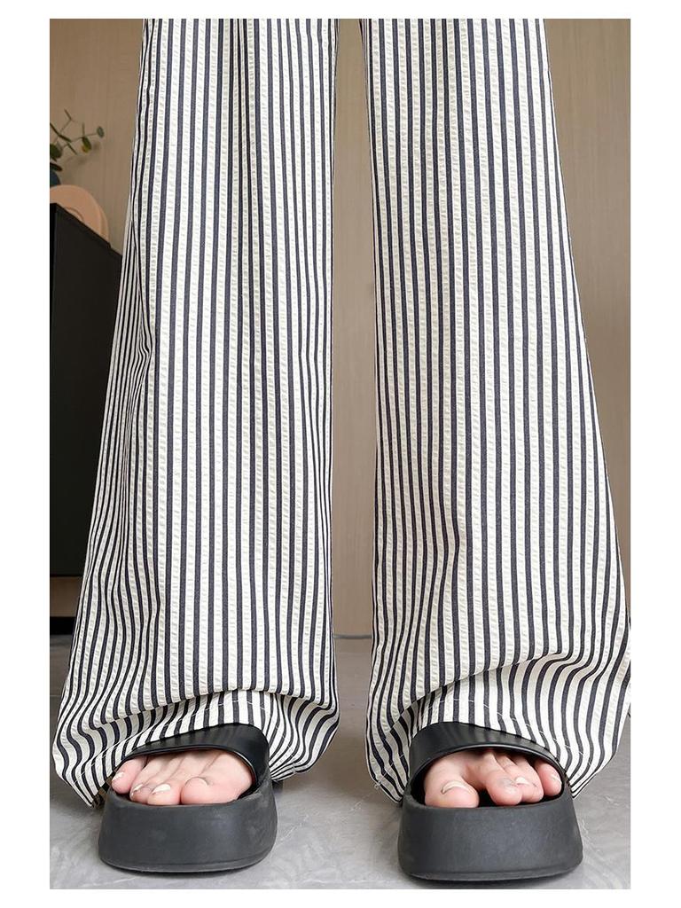 2024 Autumn Women's Striped Wide-Leg Casual Pants - Slimming Floor-Length Trousers