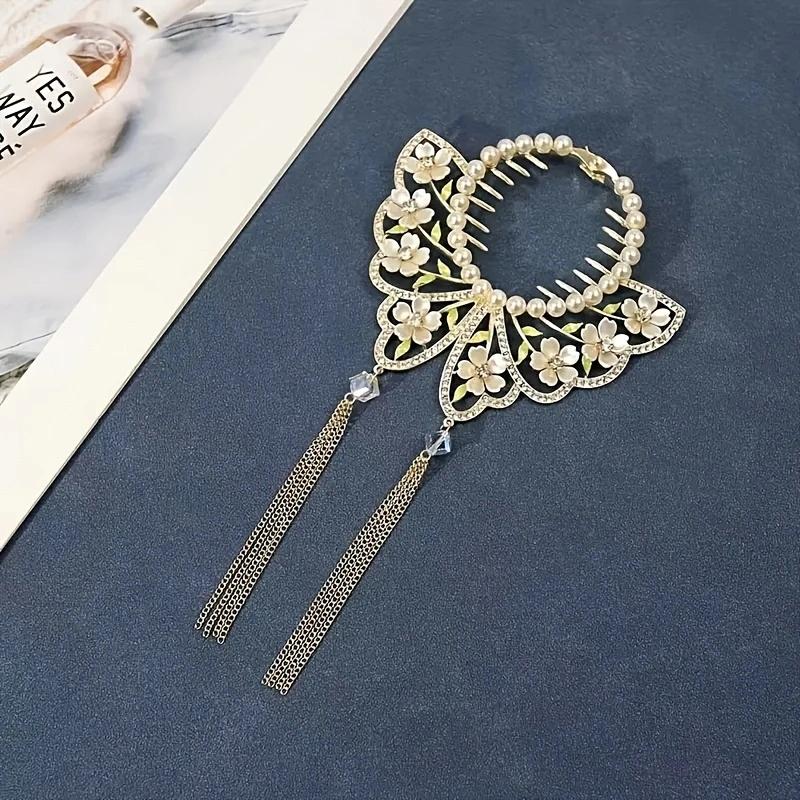 1pc zinc alloy rhinestone imitation pearl hair ornament, high-end elegant tassel headpiece, delicate ball hair clip, suitable fo