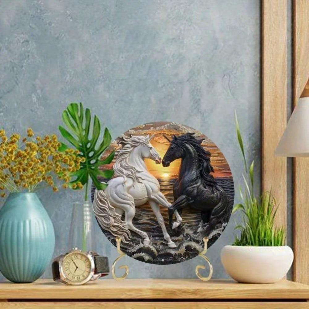 Metal Horse Wreath Sign Round Aluminum Wall Art Home Decor Gift